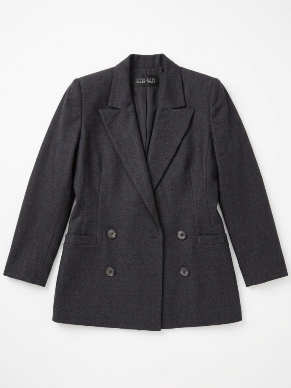 90s Vintage Linda Allard Ellen Tracy 100% Wool Charcoal Double-Breasted Blazer P